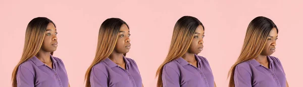 ピンクを背景に孤立した若いアフリカ人女性の感情の進化. — ストック写真