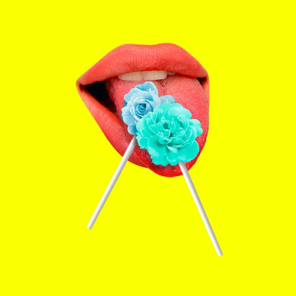 Hedendaagse kunst collage. Vrouwelijke sensuele lippen met bloemen lolly geïsoleerd over gele achtergrond — Stockfoto