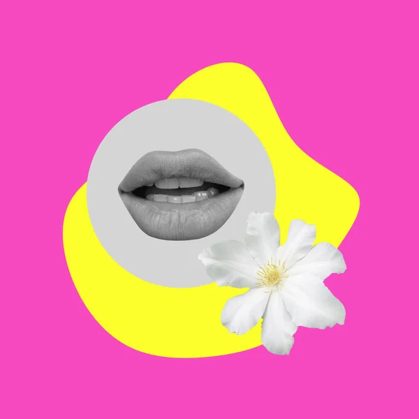 Sexy womans mouth and flower isolated over pink yellow background. Contemporary art collage