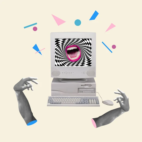 Menschliche Hände mit altmodischen Computern isoliert auf hellem Hintergrund. Kunstcollage — Stockfoto