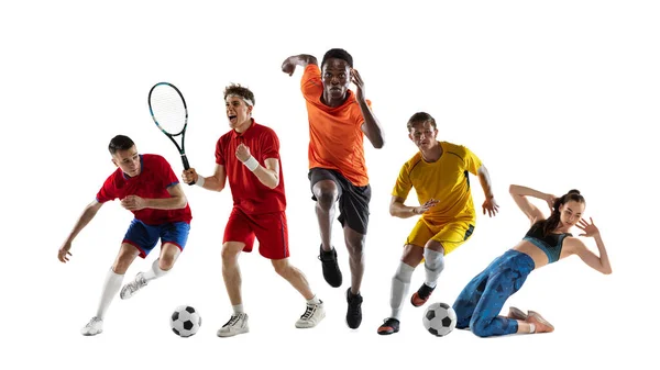 Collage di diversi sportivi professionisti, in forma le persone in azione e il movimento isolato su sfondo bianco. Volantino. — Foto Stock