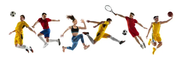 Colagem de diferentes desportistas profissionais, ajuste as pessoas em ação e movimento isolado em fundo branco. Folheto. — Fotografia de Stock