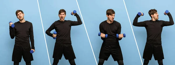 Porträt eines jungen Mannes in schwarzer Sportuniform mit Handgewichten isoliert auf blauem Hintergrund. Collage — Stockfoto