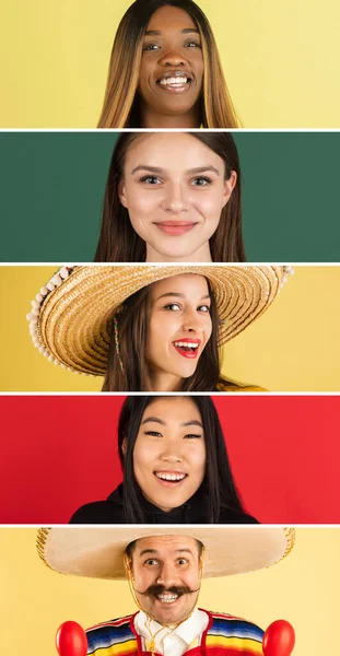 Collage de primer plano recortado hombres y mujeres rostros aislados sobre fondo multicolor. — Foto de Stock