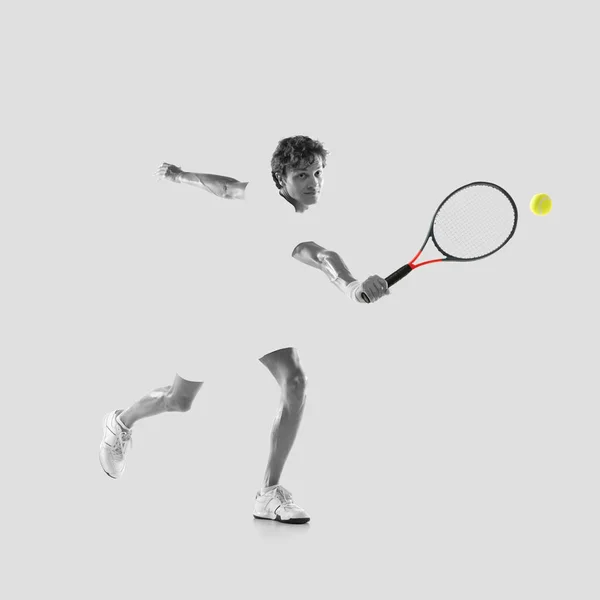 アートコラージュ。ライトバックで隔離されたプレープロの男性テニス選手. — ストック写真