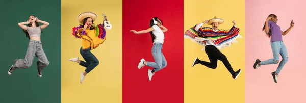 Grupo de pessoas, mulheres jovens e homem pulando isolado sobre fundo multicolorido. — Fotografia de Stock