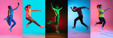 Collage of young different men and women jumping isolated on multi colored background in neon. Flyer