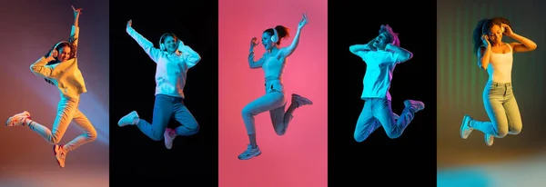 Collage of young beautiful girls and boy jumping isolated on multi colored background in neon. Flyer — Stockfoto