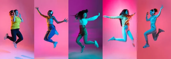 Collage of young beautiful girls jumping isolated on multi colored background in neon. Flyer — Stockfoto