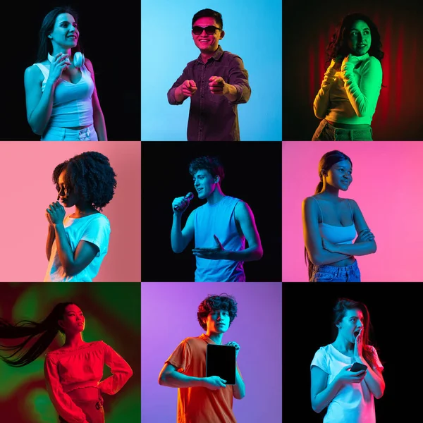 Collage of portraits of an ethnically diverse male and female models isolated over multicolored background in neon — Fotografia de Stock