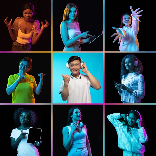 Collage of portraits of an ethnically diverse male and female models isolated over multicolored background in neon — Stok fotoğraf