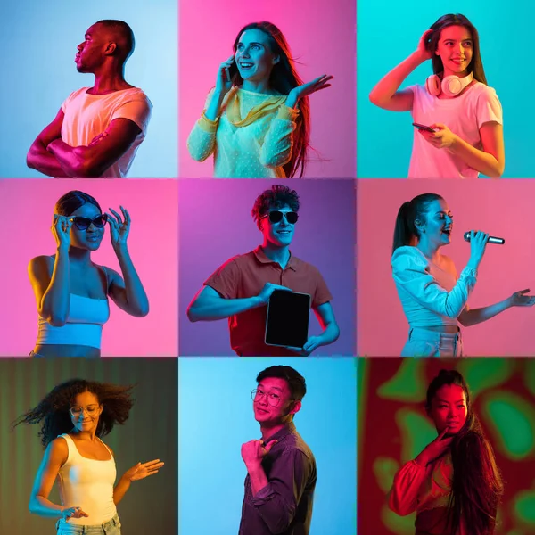 Collage of portraits of an ethnically diverse people isolated over multicolored background in neon — Stok fotoğraf