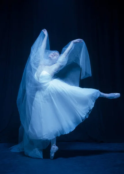 Eenzaamheid. Jonge sierlijke mooie vrouw, balerina in witte trouwjurk in art performance. — Stockfoto