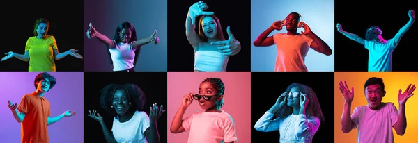 Colagem de 10 retratos de um povo etnicamente diverso isolado sobre fundo multicolorido em luz de néon — Fotografia de Stock