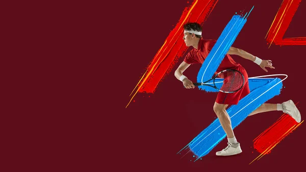 Portarit of Caucasian man, professional tennis player isolated on dark red background. Flyer — Stock Fotó