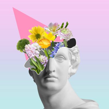 Surrealism. Contemporary art collage with antique statue bust in a surreal style.