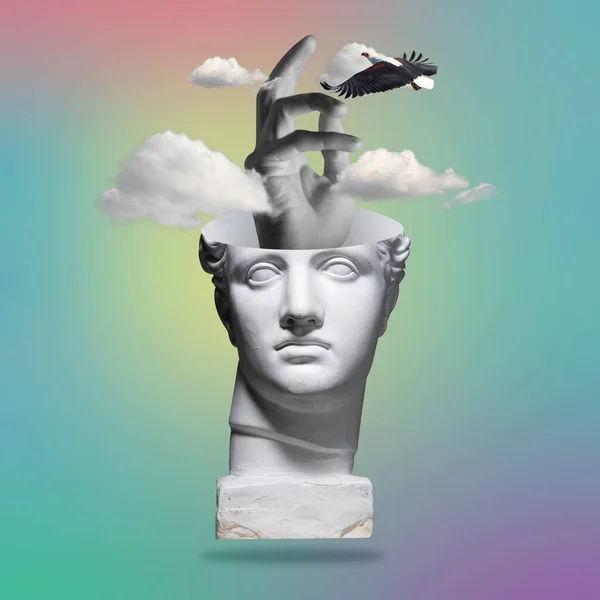 Tenderness. Contemporary art collage with antique statue head in a surreal style. — Stock Photo, Image