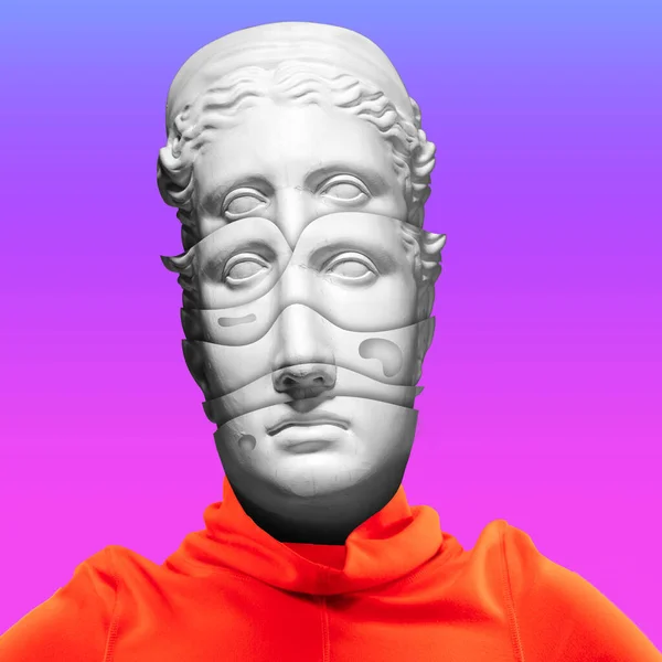 Contemporary art collage with antique statue head in a surreal style. Purple and orange — Stok fotoğraf