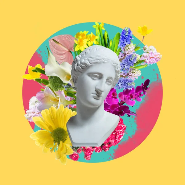 Contemporary art collage with antique statue head in a surreal style isolated on floral background.