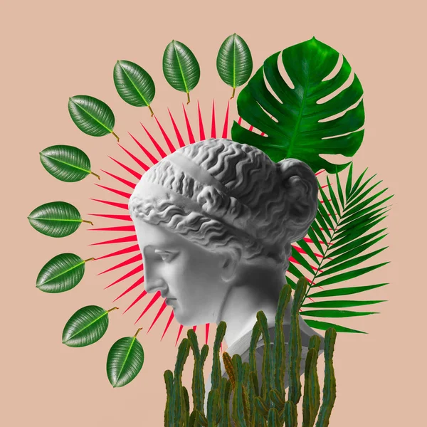Contemporary art collage with antique statue head in a surreal style isolated on floral background. — Stock Photo, Image