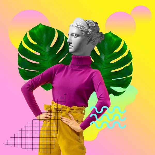 Contemporary art collage. Young woman headed of antique statue head isolated on multicolored neon background. — Stock fotografie