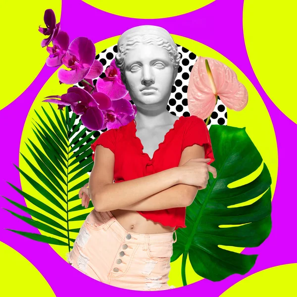 Contemporary art collage. Young woman headed of antique statue head isolated on multicolored neon background. — 스톡 사진