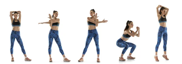 Colagem de uma jovem mulher atleta formação isolada sobre fundo estúdio branco. — Fotografia de Stock