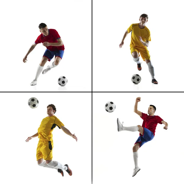 Two soccer footbal players, professional sportsmen training isolated over white background.