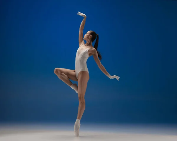 Elegante chica hermosa joven, bailarina de ballet femenino bailando aislado sobre fondo azul. —  Fotos de Stock