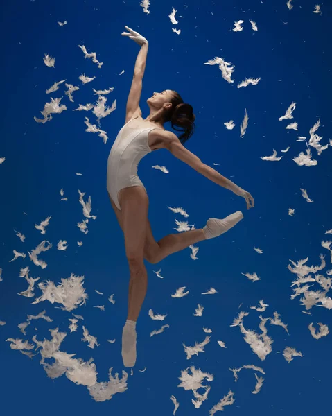 Soar like a bird. One young female ballet dancer flying isolated over blue background with white feathers.