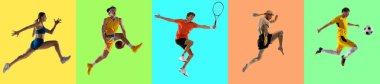 Farklı profesyonel sporcuların kolajı, çok renkli arka planda izole edilmiş hareket ve eylem için uygun insanlar..