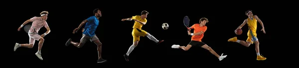 Collage di diversi sportivi professionisti, in forma le persone in azione e il movimento isolato su sfondo nero. Volantino. — Foto Stock