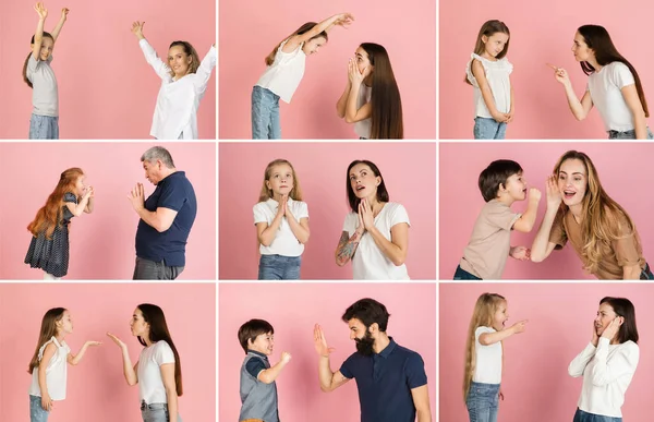Collage di diverse famiglie, madre e figlio, padre e figlia isolati su sfondo rosa. Concetto di relazione — Foto Stock
