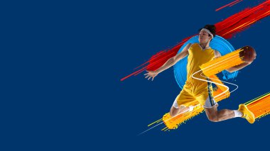 El ilanı. Atletik adam, basketbol oyuncusu eğitimi mavi arka planda neon ışıkta izole edilmiş..