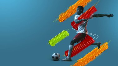 Genç adam, futbolcu eğitimi neon ışıklı arka planda izole edilmiş..