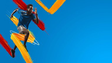 Sportif atletik adam, koşucu eğitimi mavi arka planda neon ışığı altında izole edilmiş. Sanat kolajı. Suluboya boyaları.