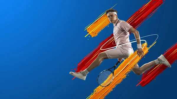 Hombre atlético deportivo, jugador de tenis masculino aislado en luz de neón sobre fondo azul. collage de arte. Pinturas de acuarela. —  Fotos de Stock