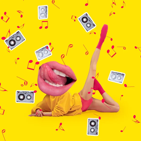 Art collage. Inspiration, idea, trendy urban magazine style. Composition with young girl headed of female mouth on yellow neon background. — Stock Photo, Image