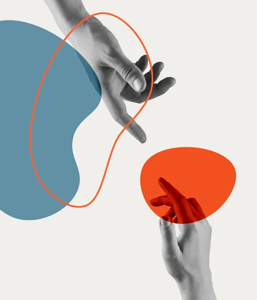 Collage zeitgenössischer Kunst. Weibliche und männliche Hände isoliert über hellem Hintergrund. — Stockfoto