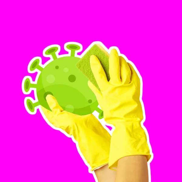 Contemporary art collage. Female hands in gloves cleaning microbes isolated over pink neon background. — Stock Photo, Image