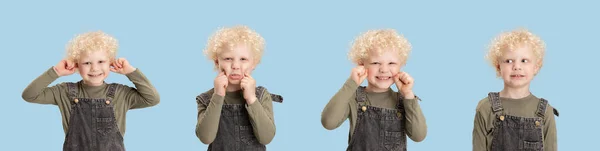 Collage van beelden van een kleine kleuter poseren geïsoleerd over blauwe studio achtergrond. — Stockfoto