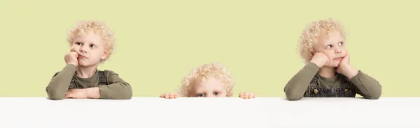 Collage of images of one little preschool boy isolated over light studio background. — Stock Photo, Image