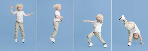 Κολάζ εικόνων ενός μικρού παιδιού προσχολικής ηλικίας που διασκεδάζει απομονωμένο σε μπλε φόντο στούντιο. — Φωτογραφία Αρχείου
