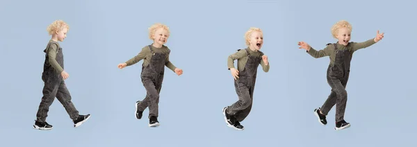 Colagem de imagens de um menino pré-escolar correndo pulando isolado sobre fundo estúdio azul. — Fotografia de Stock