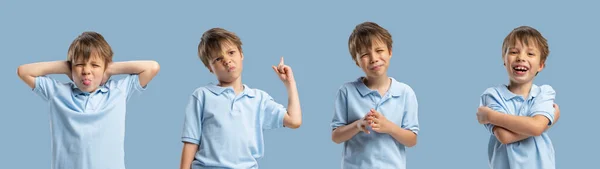 Collage of half-length portraits of Caucasian little boy posing isolated over blue studio background. — Stock Fotó