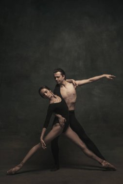 Güzel, zarif kadın ve erkek, sanat performansı dansçıları karanlık arka planda izole edilmiş.