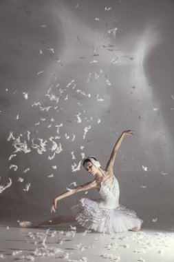 Beyaz arka planda izole edilmiş sanat performansında beyaz kuğu görüntüsünde genç zarif balerina..