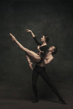 Güzel, zarif kadın ve erkek, sanat performansı dansçıları karanlık arka planda izole edilmiş.