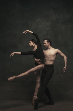 Güzel, zarif kadın ve erkek, sanat performansı dansçıları karanlık arka planda izole edilmiş.