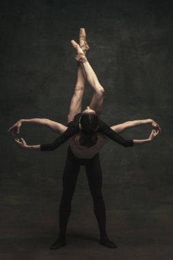Güzel, zarif kadın ve erkek, sanat performansı dansçıları karanlık arka planda izole edilmiş.